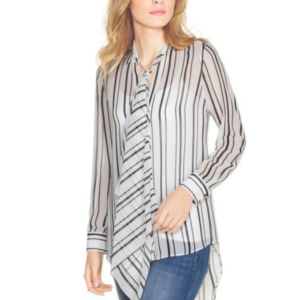White House Black Market White Striped Sheer High Low Blouse with Scarf, Size 2
